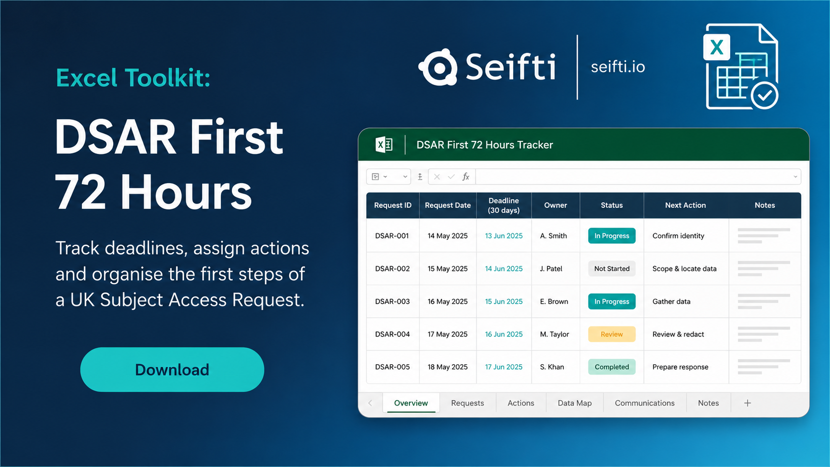 Seifti Excel toolkit - DSAR First 72 Hours tracker preview